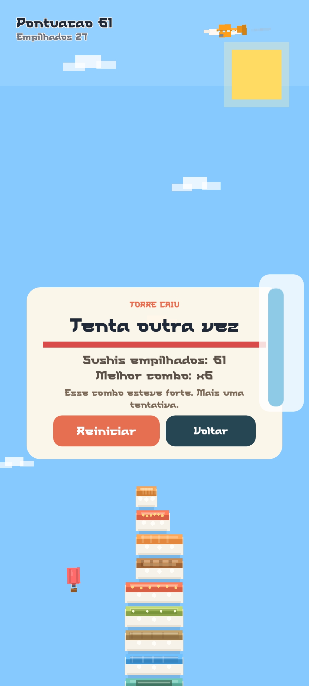 Screenshot do ecrã de derrota do Sushi Stack